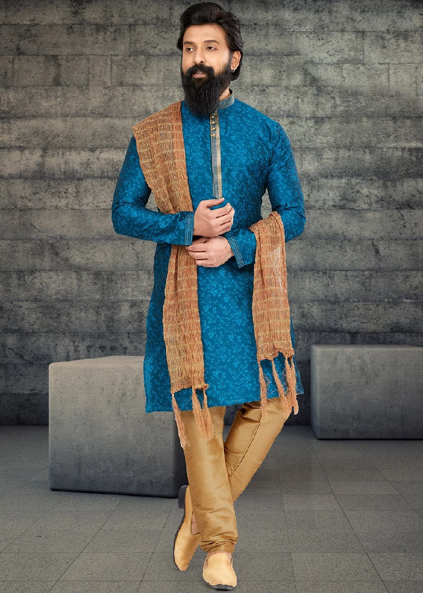 Blue Mens Jacquard Kurta Pajama, 36-1.webp
